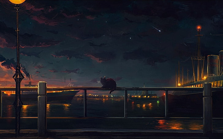 cat sitting on railing painting, cat, night, artwork, sky, harbor, animals, lantern, stars, HD wallpaper