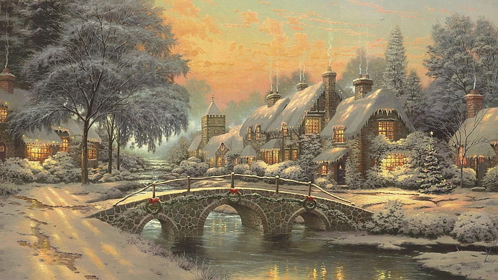 seni visual, natal, hari natal, bersalju, salju, rumah, rumah, desa, langit, jembatan, lukisan, sungai, pohon, malam, pemandangan, bank, cat air, musim dingin, romantis, seni, Wallpaper HD