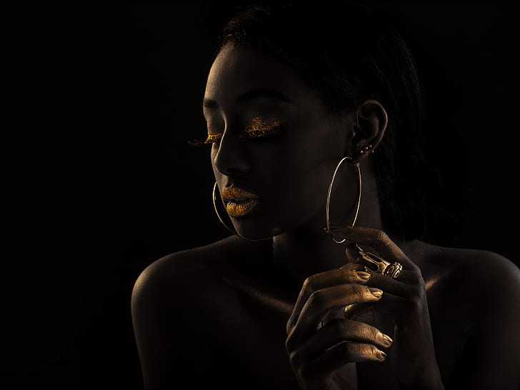 gold, model, portrait, mulatto, black background, black, makeup, dark girl, HD wallpaper