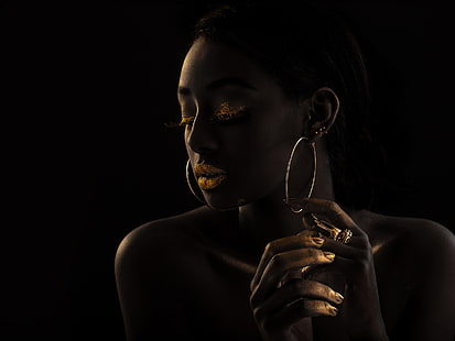  gold, model, portrait, mulatto, black background, black, makeup, dark girl, HD wallpaper HD wallpaper