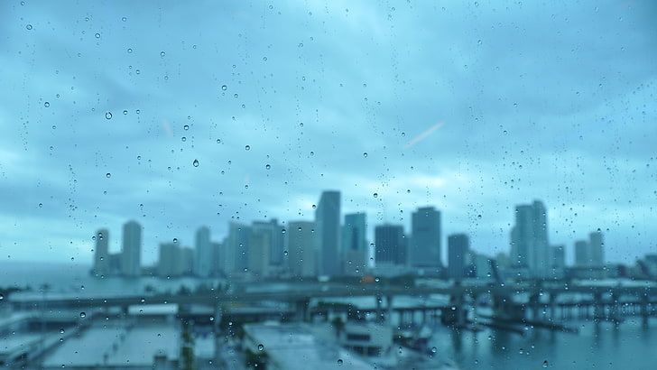 siluet bangunan, kota, hujan, tetesan air, lanskap kota, Wallpaper HD