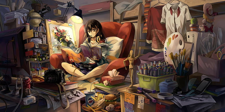 anime, interior, books, original characters, artwork, room, casual, clutter, painting, anime girls, HD wallpaper