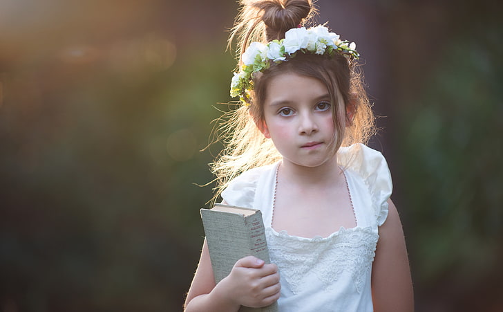 An Evening At The Treehouse, girl's white sleeveless dress, Cute, Girl, Flowers, Childhood, child, flower crown, flower hair wreath, HD wallpaper
