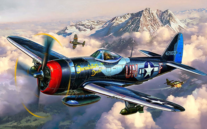 blue F6F Hellcat illustration, the plane, fighter, battle, art, artist, air, USA, bomber, BBC, Thunderbolt, P-47, WW2, Republic, the sky, Michal Reinis., HD wallpaper