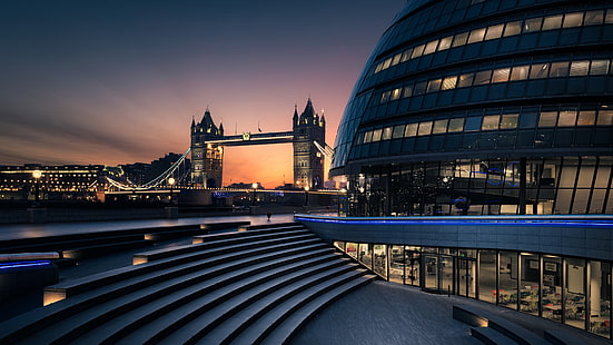 night, scoop, the scoop, united kingdom, water, dusk, downtown, architecture, building, london, sky, landmark, city, cityscape, city hall, england, tourist attraction, tower bridge, HD wallpaper HD wallpaper