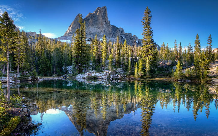 природа, пейзаж, Айдахо, езеро, отражение, вода, планини, гора, синьо, дървета, спокойствие, HDR, HD тапет