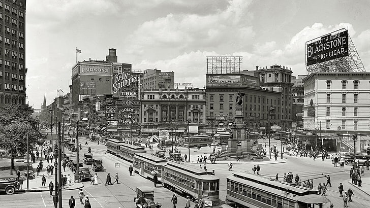 Hochhaus, Stadt, Monochrom, Geschichte, Detroit, Straßenbahn, USA, Jahrgang, Stadtbild, HD-Hintergrundbild