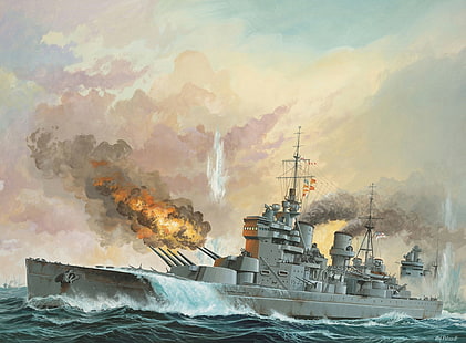 sea, fire, smoke, figure, art, shots, ship of the line, sea battle, WW2, battleship 