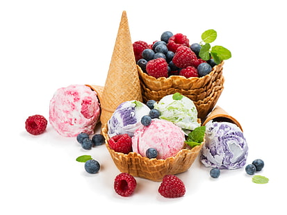 Храна, сладолед, плодове, боровинки, плодове, малина, натюрморт, вафлена конус, HD тапет HD wallpaper