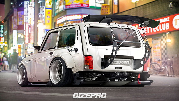 white Dizepro car with text overlay, Auto, The city, Tuning, Car, Niva, Spoiler, Signs, DizePro, HD wallpaper