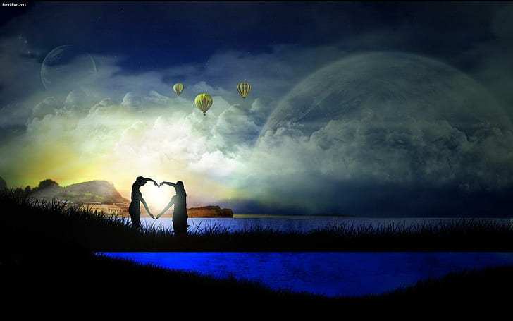 Снимка на романтична двойка, три балона с горещ въздух и силует на двойка, образуваща сърце, любов, романтична двойка, романтична, двойка, снимка, HD тапет