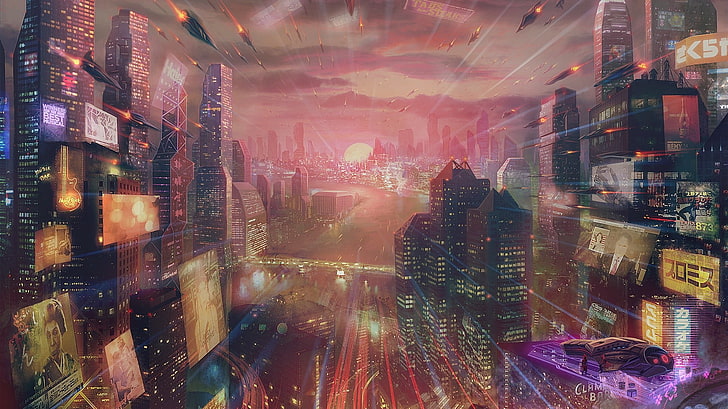 Stadtgebäude und Flugzeuge Illustration, Kunstwerk, futuristische Stadt, HD-Hintergrundbild
