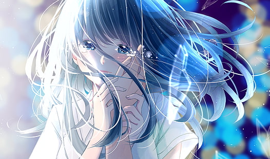 аниме девушка, плач, романтика, длинные волосы, слезы, руки, аниме, HD обои HD wallpaper