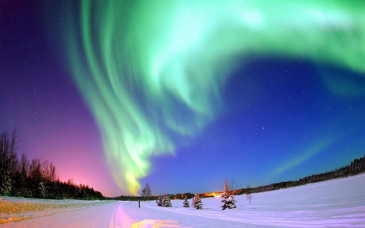 зеленое северное сияние, зима, звёзды, полярные сияния, снег, пейзаж, ночь, природа, HD обои