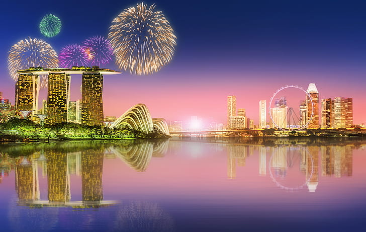 море, пейзаж, огни, небоскребы, салют, сингапур, архитектура, мегаполис, синий, ночь, фонтаны, HD обои