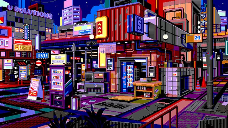 Waneella, pixel art, cyberpunk, città, notte, luci, neon, Sfondo HD