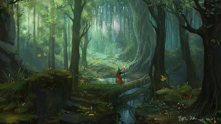 Zaubererillustration, Fantasiekunst, Wald, Bäume, Zauberer, Treppe, HD-Hintergrundbild
