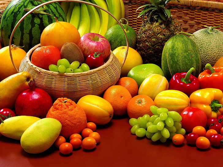 varietà di frutta e verdura, frutta, allsorts, ananas, melone, uva, arancia, mandarino, kiwi, mele, cestino, Sfondo HD