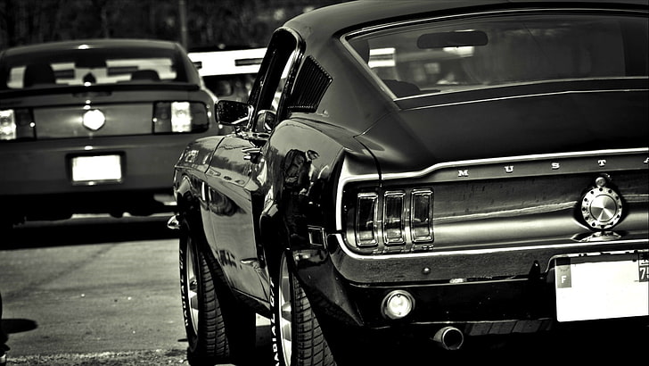 ford mustang, ford mustang fastback, coupe, fastback, vintage car, classic car, muscle car, monochrome, monochrome photography, photography, black and white, HD wallpaper