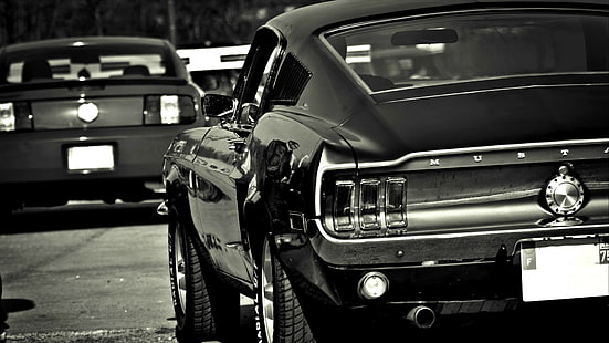 Ford Mustang, Ford Mustang fastback, coupé, fastback, auto d'epoca, auto d'epoca, muscle car, bianco e nero, fotografia in bianco e nero, fotografia, bianco e nero, Sfondo HD HD wallpaper