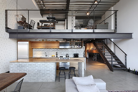 stile, interni, cucina, sala da pranzo, spazio abitativo, soppalco, Loft industriale, Sfondo HD HD wallpaper