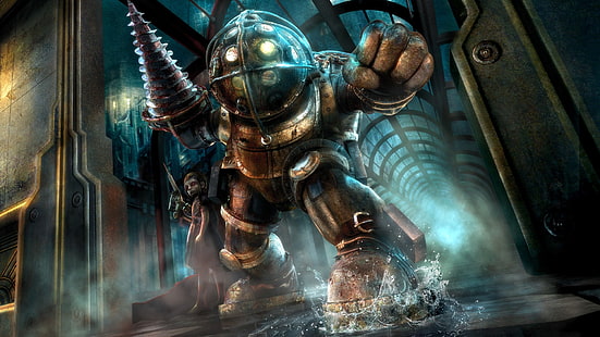 BioShock ، ألعاب الفيديو ، Big Daddy ، Little Sister ، Rapture ، sea، خلفية HD HD wallpaper