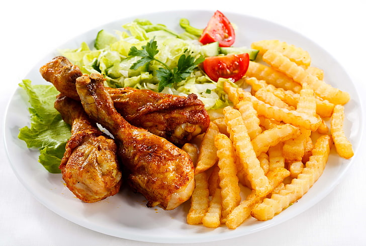 potato fries and fried chickens with vegetable dish, potatoes, legs, meat, salad, HD wallpaper
