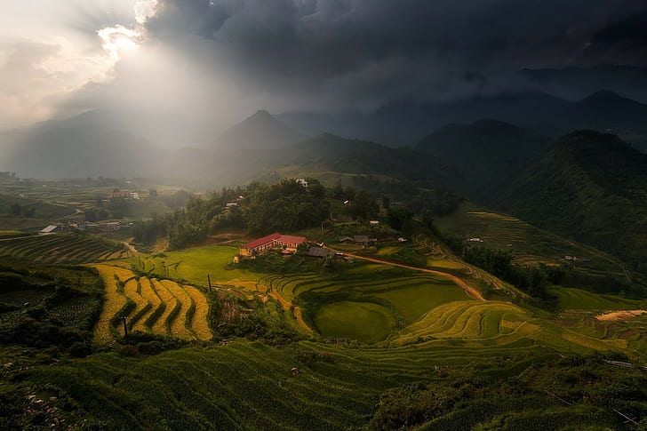 krajobraz natura mgła wioska górska herbata tarasy pole chmury promienie słońca słońce drzewa wietnam ryż niełuskany, Tapety HD