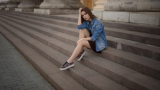 women, Sergey Fat, women outdoors, sitting, stairs, dress, Ksenia Kokoreva, jeans jacket, HD wallpaper HD wallpaper