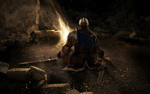 knightき火の壁紙、ダークソウルズ、ビデオゲームに直面して剣を押しながら座っている騎士、 HDデスクトップの壁紙 HD wallpaper