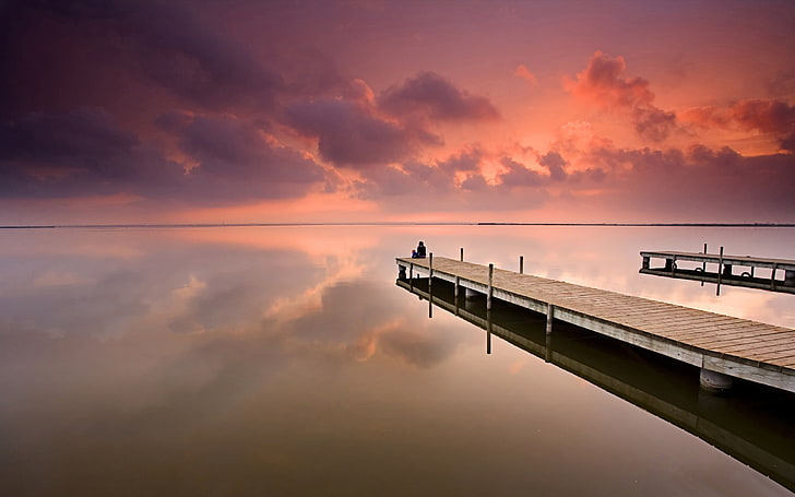 Tranquility lakes pontoon-Landscape theme HD Wallp.., brown wooden dock, HD wallpaper