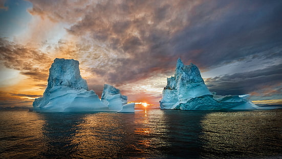 gunung es, matahari tengah malam, es laut, es, disko bay, greenland, arktik, pemandangan, tempat unik, laut, unik, disko bugt, Wallpaper HD HD wallpaper