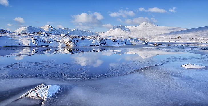 body of water and snow mountains during daytime, body of water, snow mountains, daytime, Scotland, West Highlands, Black Mount, Mount  Black, loch ba, winter, reflection, snow, nature, ice, mountain, cold - Temperature, landscape, outdoors, scenics, blue, glacier, arctic, frozen, HD wallpaper