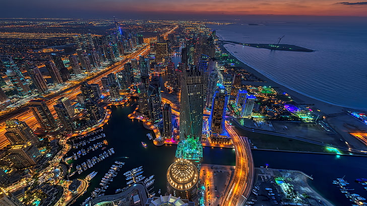 światła miasta, pejzaż miejski, miasto, obszar metropolitalny, marina w dubaju, metropolia, fotografia lotnicza, punkt orientacyjny, noc, panorama, azja, dubaj, horyzont, zjednoczone emiraty arabskie, zjednoczone emiraty arabskie, zjednoczone emiraty arabskie, Tapety HD