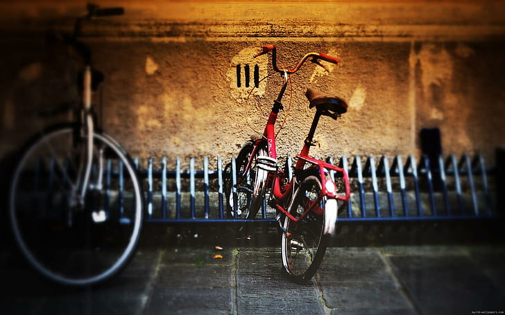 Red bike on a bike parking, red folding bicycle, bike, parking, red, vintage, bicycle, transport, HD wallpaper