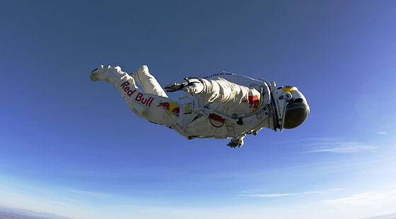 скафандър, атмосфера, Феликс Баумгартнер, Red Bull, скачане, небе, мъже, скачане с парашут, летене, падане, парашутист, HD тапет HD wallpaper