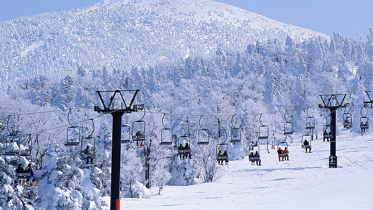 Chepelare 스키, 검은 금속 케이블카, 눈, 나무, 자연 및 풍경, HD 배경 화면