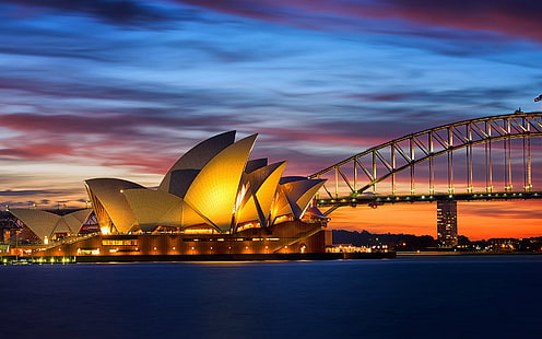 Австралия, Сидни опера, мост вечер светлини, Австралия, Сидни, опера, къща, мост, вечер, светлини, HD тапет HD wallpaper