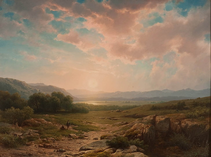 pastoral målning sol berg moln rock klassisk konst, HD tapet