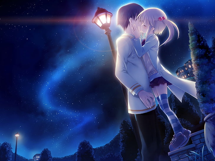 girl kissing boy under lamp post anime digital wallpaper, boy, girl, kiss, night, lights, HD wallpaper