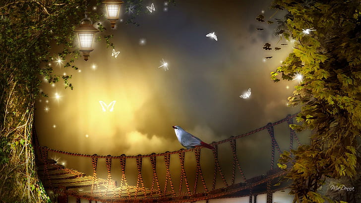 Pássaro na ponte de corda, névoa, papillon, outono, folhas, borboleta, pássaro, árvores, libélula, âmbar, borboletas, misterioso, HD papel de parede