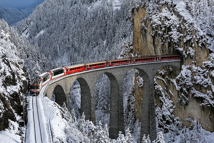 red and white train, train, railway, bridge, winter, snow, trees, forest, mountains, tunnel, Switzerland, HD wallpaper