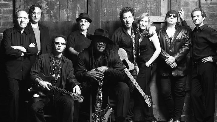 män, musiker, sångare, grupp människor, svartvitt, Bruce Springsteen, kvinnor, gitarr, saxafon, rockstjärnor, HD tapet