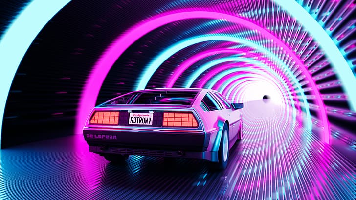 mobil, karya seni, Retrowave, jalan, terowongan, DeLorean, DMC DeLorean, Wallpaper HD