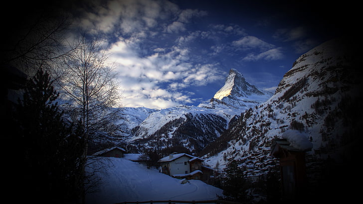 mountains, nature, house, Matterhorn, landscape, trees, snow, winter, HD wallpaper