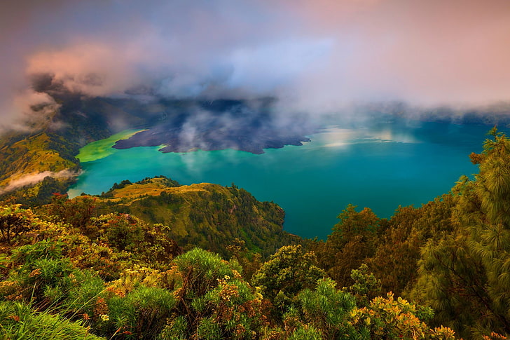пейзаж, природа, озеро, бирюза, вода, лес, горы, облака, Индонезия, HD обои