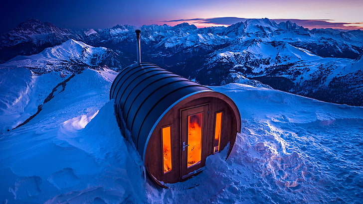 brown and black tunnel house, snow, sauna, Italy, The Dolomites, mount Lagazuoi, HD wallpaper