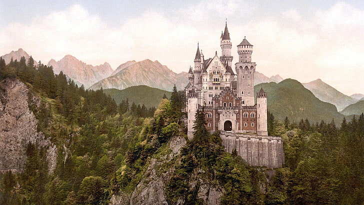 серый и коричневый бетонный замок, замок Нойшванштайн, Schloss Neuschwanstein, замок, Германия, HD обои