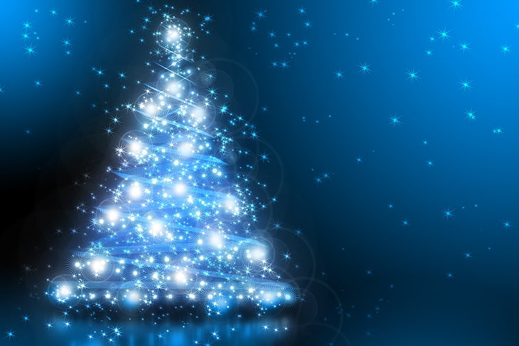 blue and white lit-up christmas tree vector, photoshop, tree, new year, lights, 2015, HD wallpaper