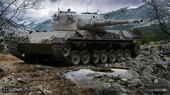 сив боен резервоар, пейзаж, планини, камъни, резервоар, немски, средно, World of Tanks, Leopard 1, HD тапет HD wallpaper